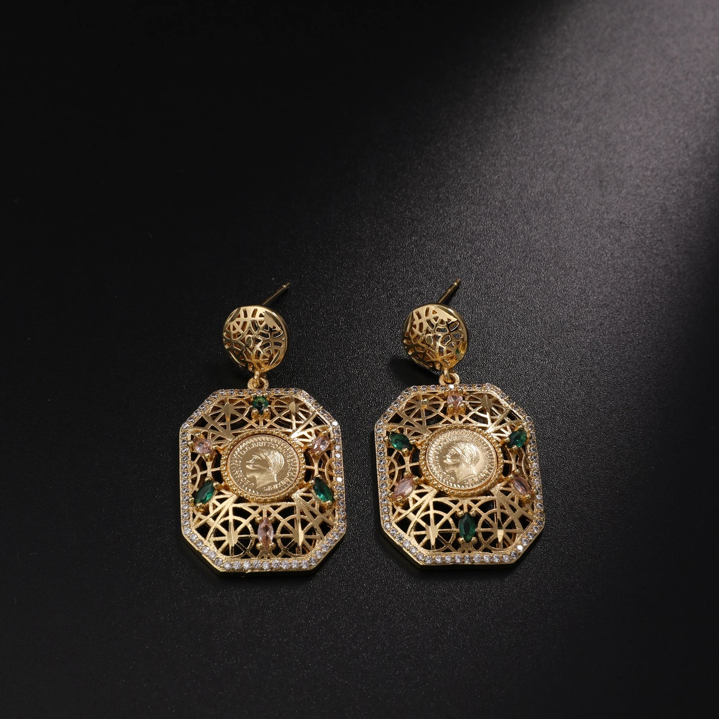 Women's Jewelry Set Dubai Nigerian Kuwaiti Bridal 24k Gold Plated Spinel Zirconia Human Head Ancient Coin Earrings Necklace Rin
