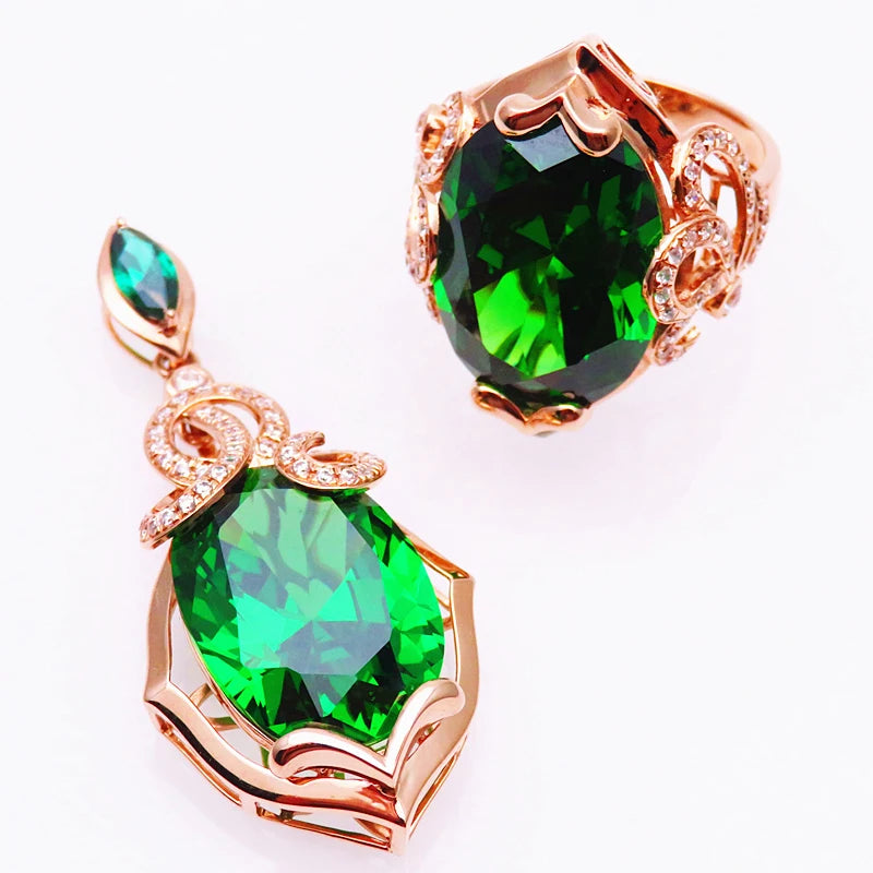 585 purple gold jewelry set plated 14K rose gold fashion luxury inlaid emerald earrings for women exquisite wedding necklace