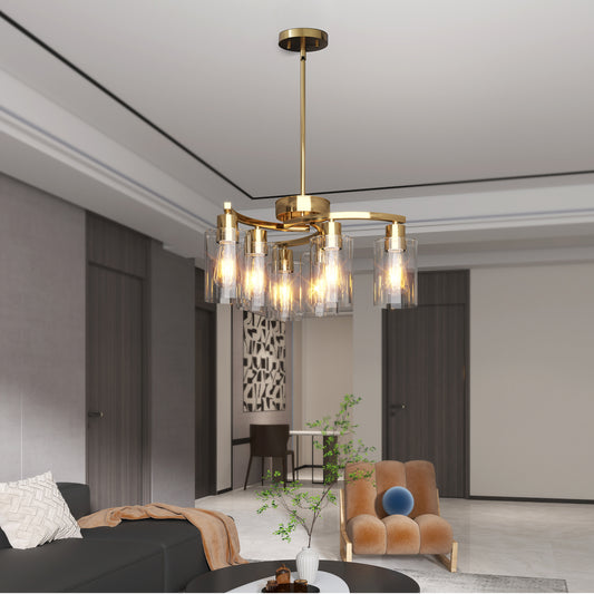 6-Light Gold Chandeliers For Dining Room, Modern Kitchen Island Light Fixtures Over Table, Metal Hanging Pendant Lighting For Living Room Stairwell Entryway Bedroom, Clear Glass Shade