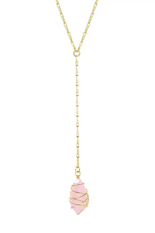 Rose Quartz Crystal Wire Wrapped Y Necklace Jewelry