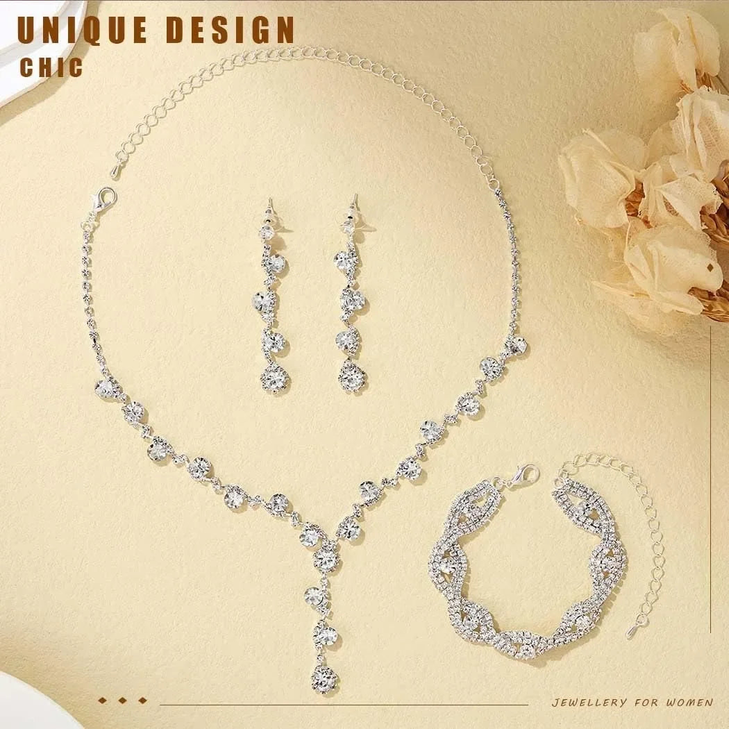Jewelry Set for Women Rhinestone Earrings Silver Earring Bracelet Necklace Party Prom Wedding Earrings Jewelry for Women