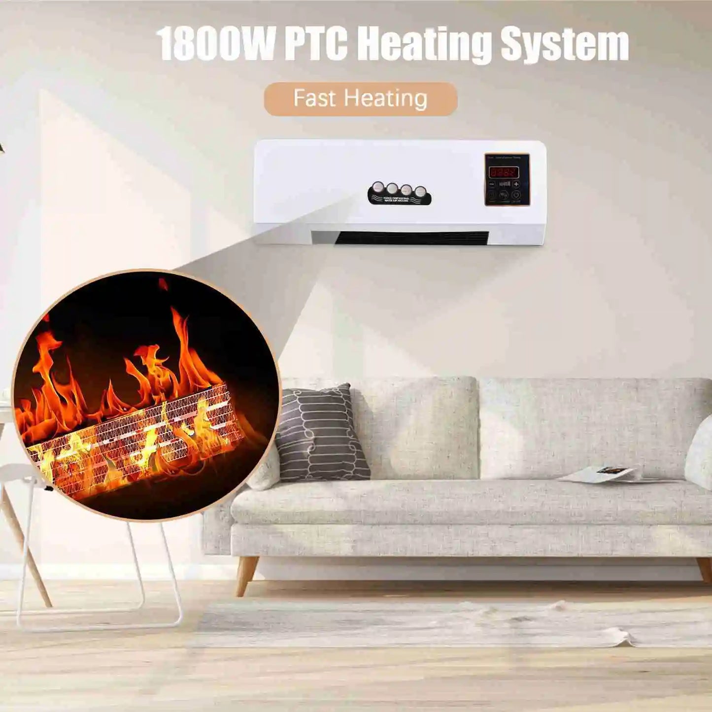 Electric Heater and Fan Heater Fan Combo 2 in 1 Heating Nature Wind Timing Digital Display Wall Mounted Space Heater for Home