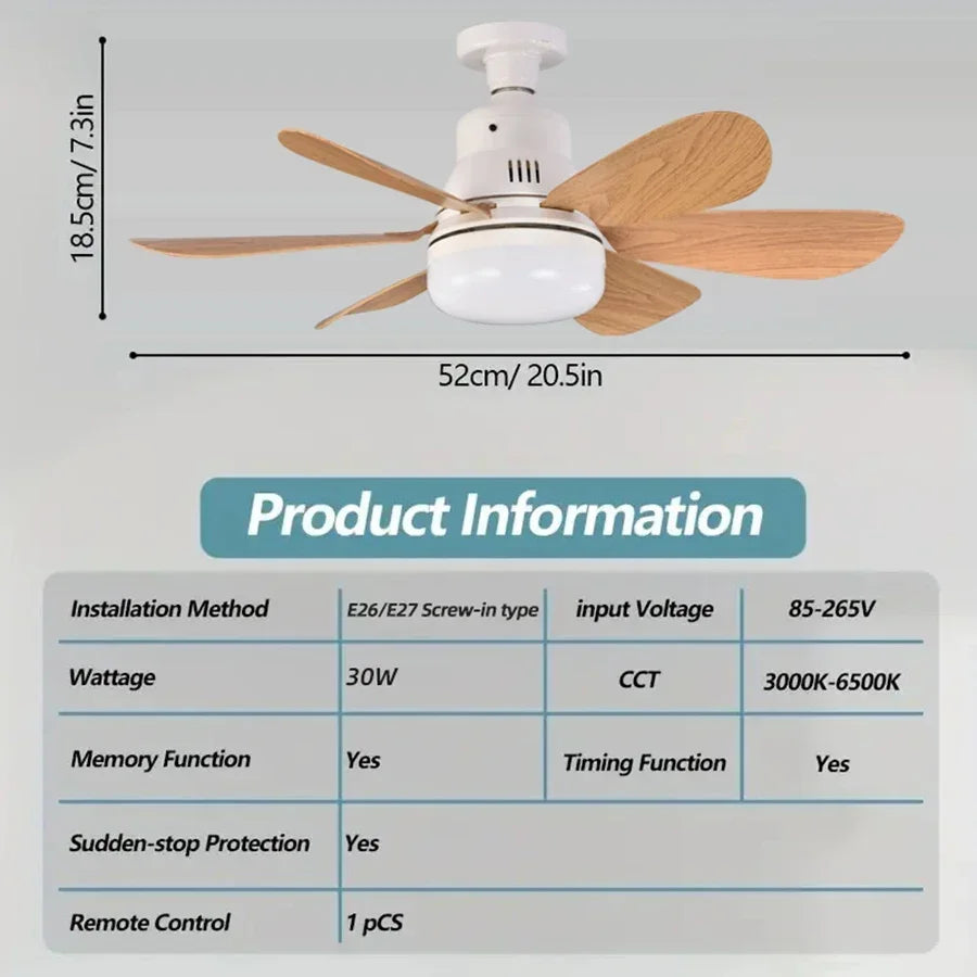 Home E26 E27 LED Ceiling Fan Light Wireless Remote Control with Stepless Dimming Night Lights Smart Fan for Room Office Study