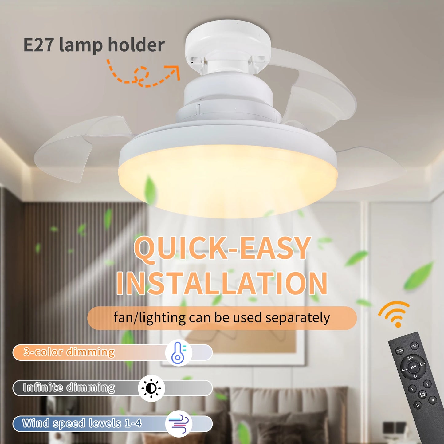Home E27 Lighting 2-in-1 Ceiling Fan with Remote Control LED 3 Adjustable Lighting Fixtures Lighting Base Bedroom Living Room