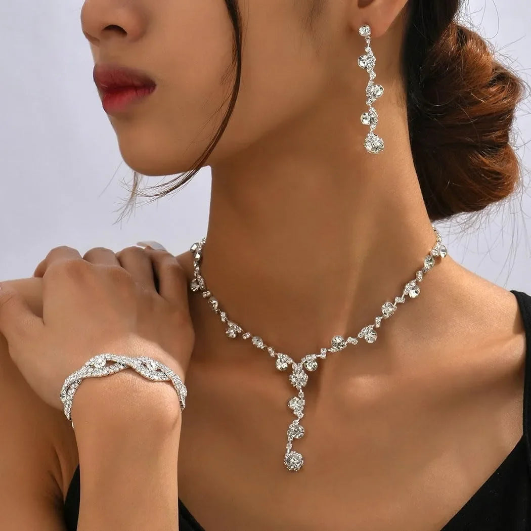 Jewelry Set for Women Rhinestone Earrings Silver Earring Bracelet Necklace Party Prom Wedding Earrings Jewelry for Women