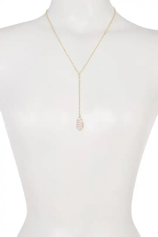 Rose Quartz Crystal Wire Wrapped Y Necklace Jewelry
