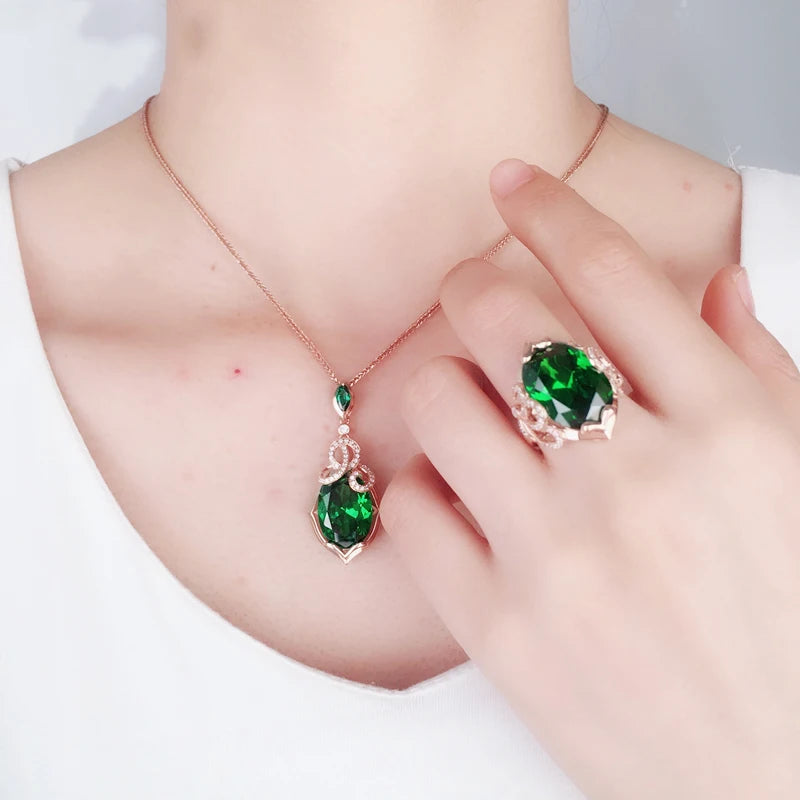 585 purple gold jewelry set plated 14K rose gold fashion luxury inlaid emerald earrings for women exquisite wedding necklace